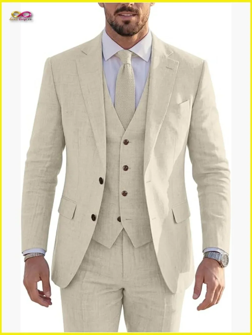 Linen Suit 3 Piece Slim Fit Blazer Vest Pants Set Wedding Prom Business